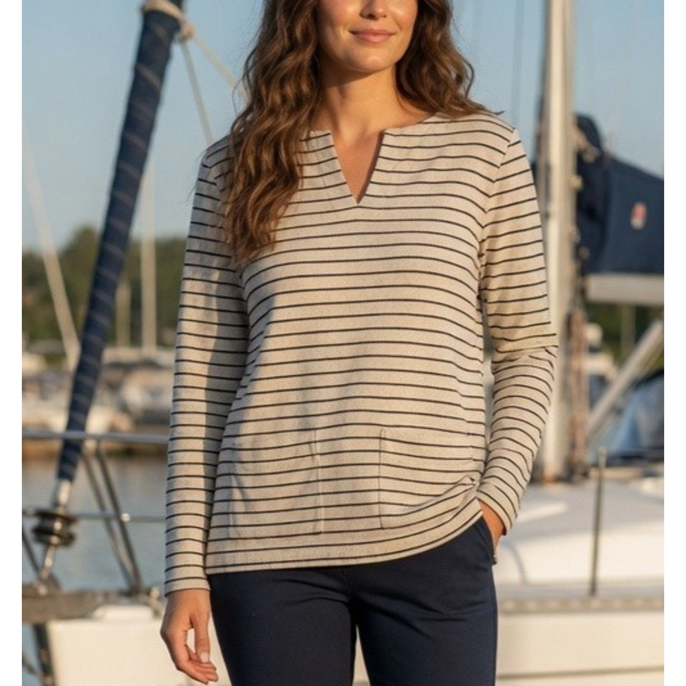 LOFT Striped Knit Sweater S Tan Navy Long Sleeve Pocket Tunic Top Nautical Y2K